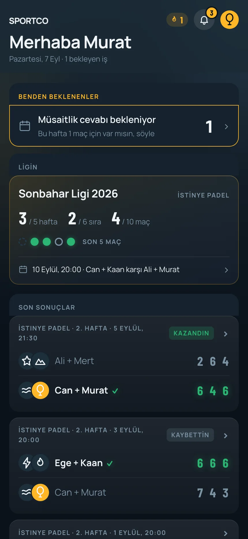 Sportco ana sayfa: bekleyen işler, lig kartı, son sonuçlar