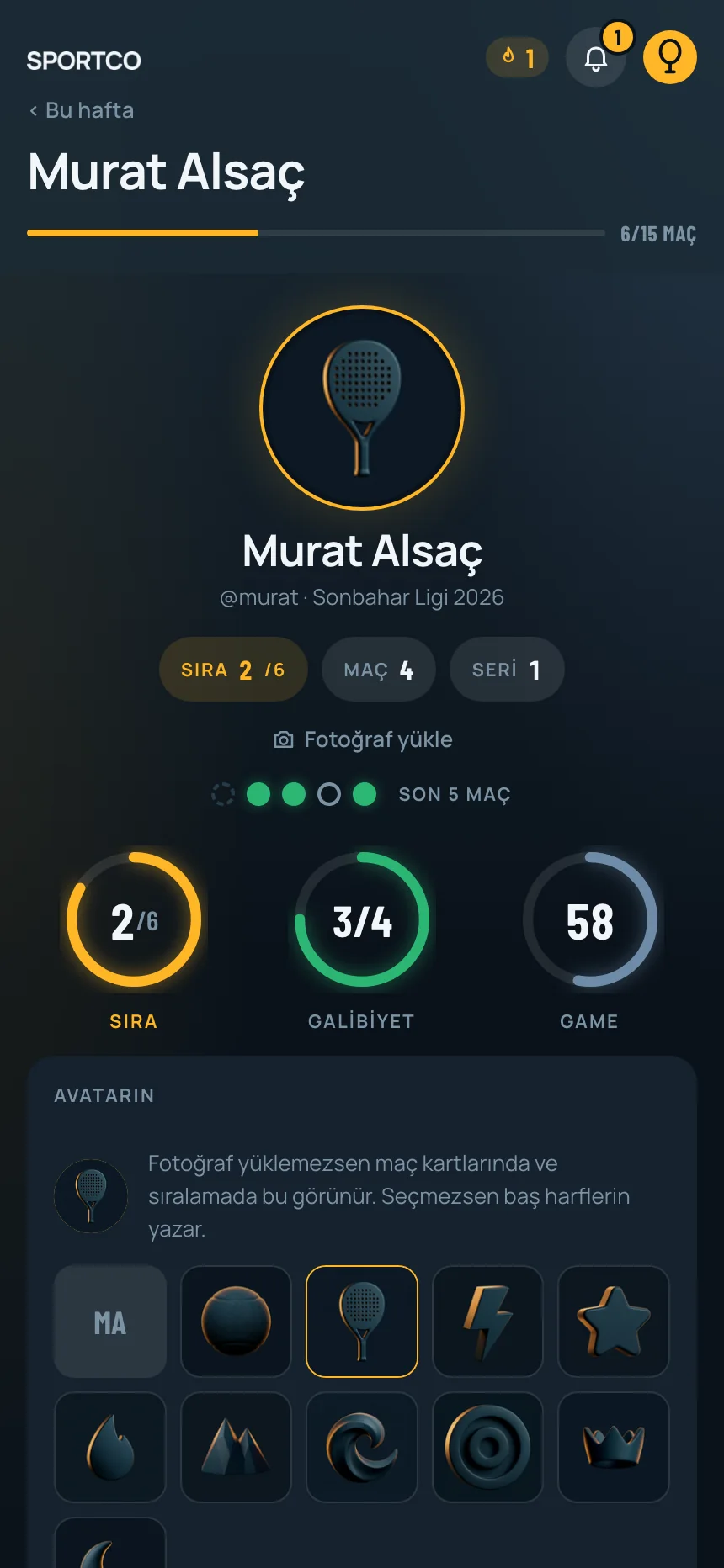 Profil ekranı: karne ve halkalar